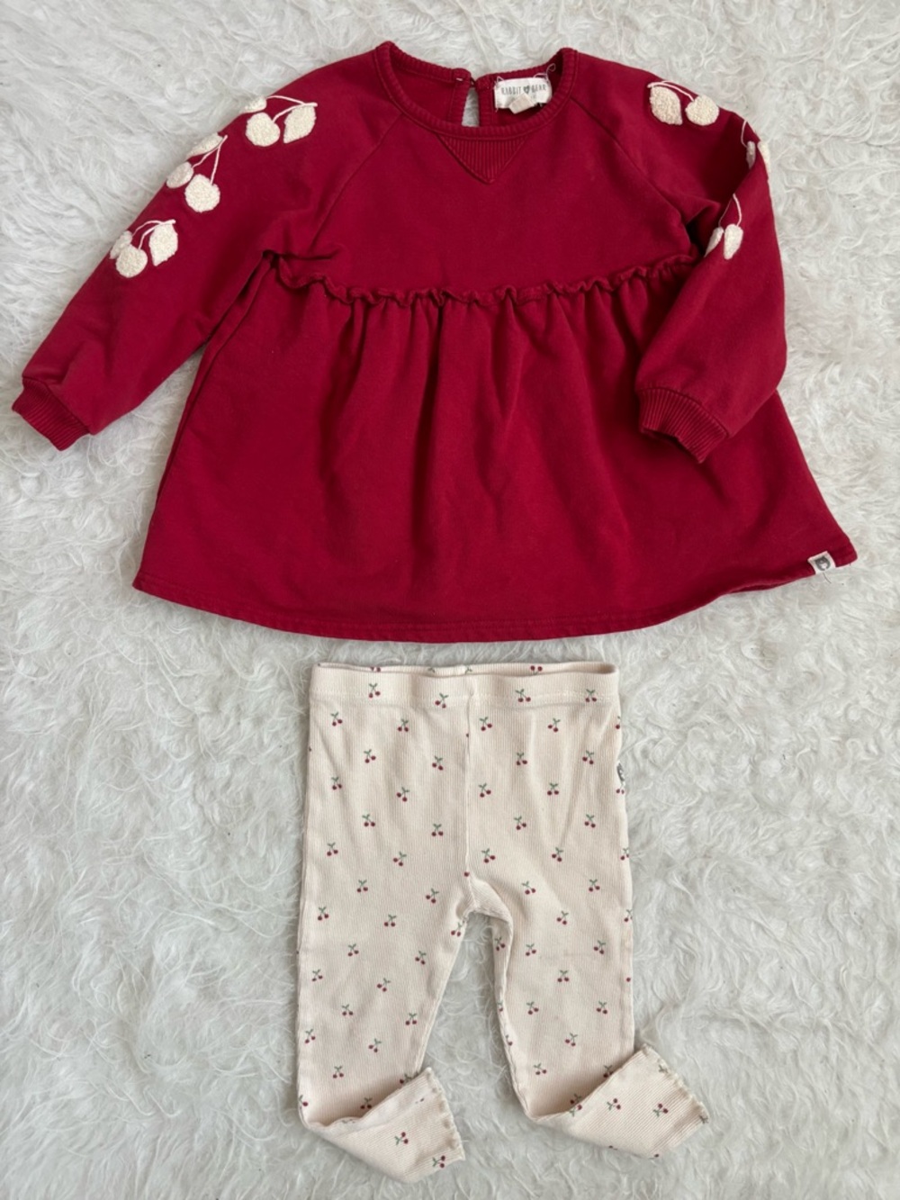 Rabbit + Bear Cozy Cherry Boucle Red Top & Matching Leggings Set